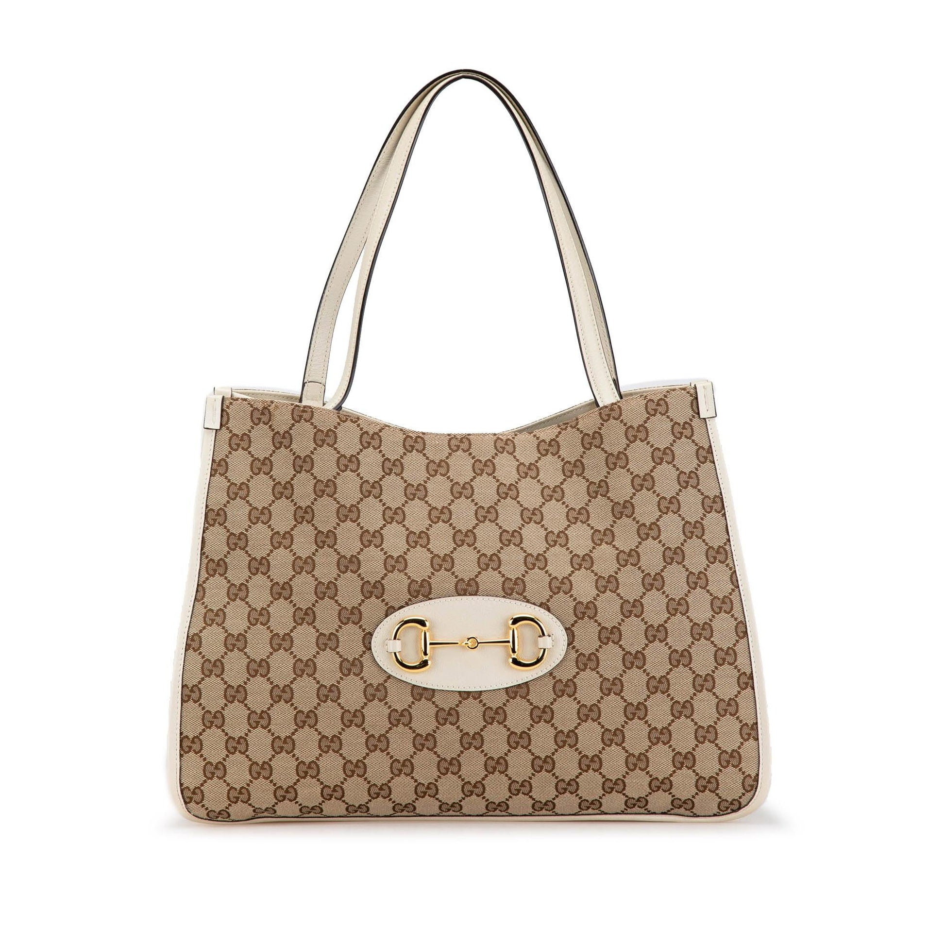 Gucci GG Horsebit Canvas Calf White Brown Tote Bag