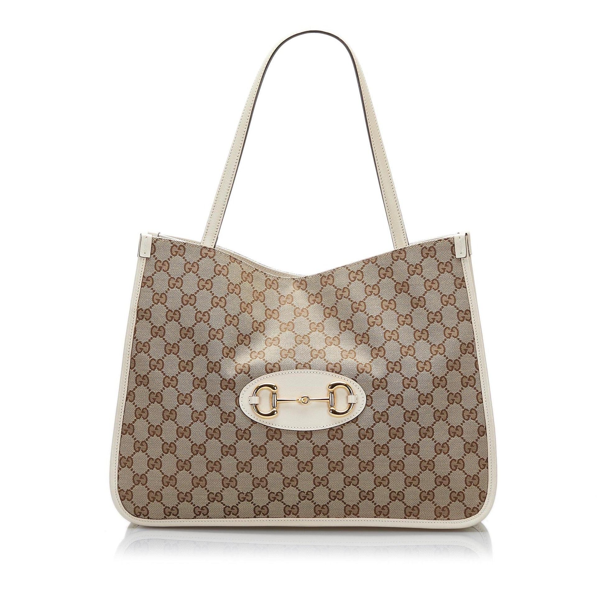 Gucci GG Horsebit SHG-Ks7vuB Canvas Calf White Brown Tote Bag