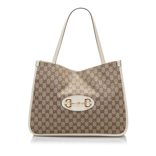 Gucci GG Horsebit SHG-Ks7vuB Canvas Calf White Brown Tote Bag
