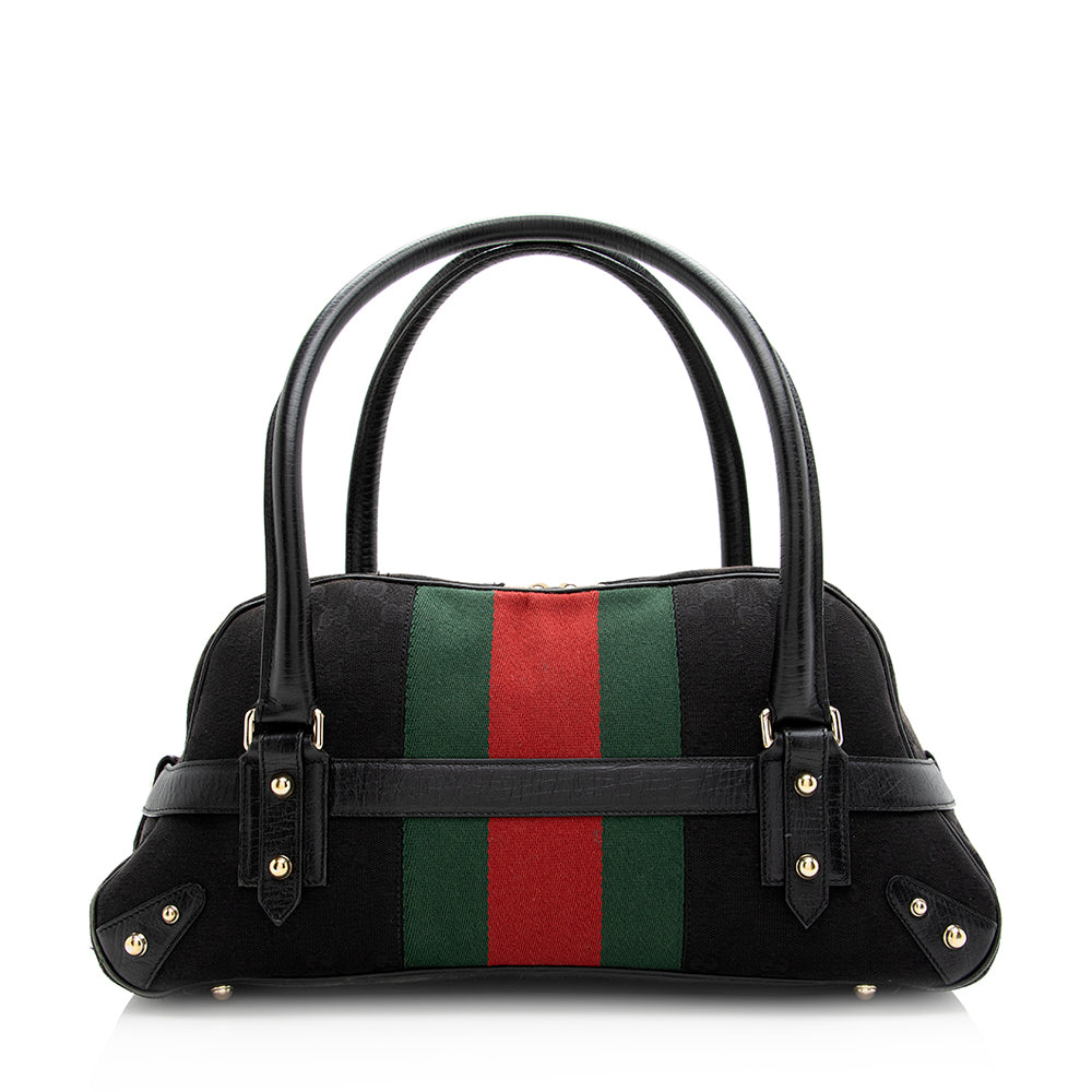 Gucci GG Web Horsebit Boston SHF Leather Canvas Nylon Black Satchel Bag