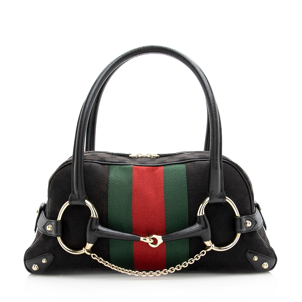 Gucci GG Web Horsebit Boston SHF Leather Canvas Nylon Black Satchel Bag