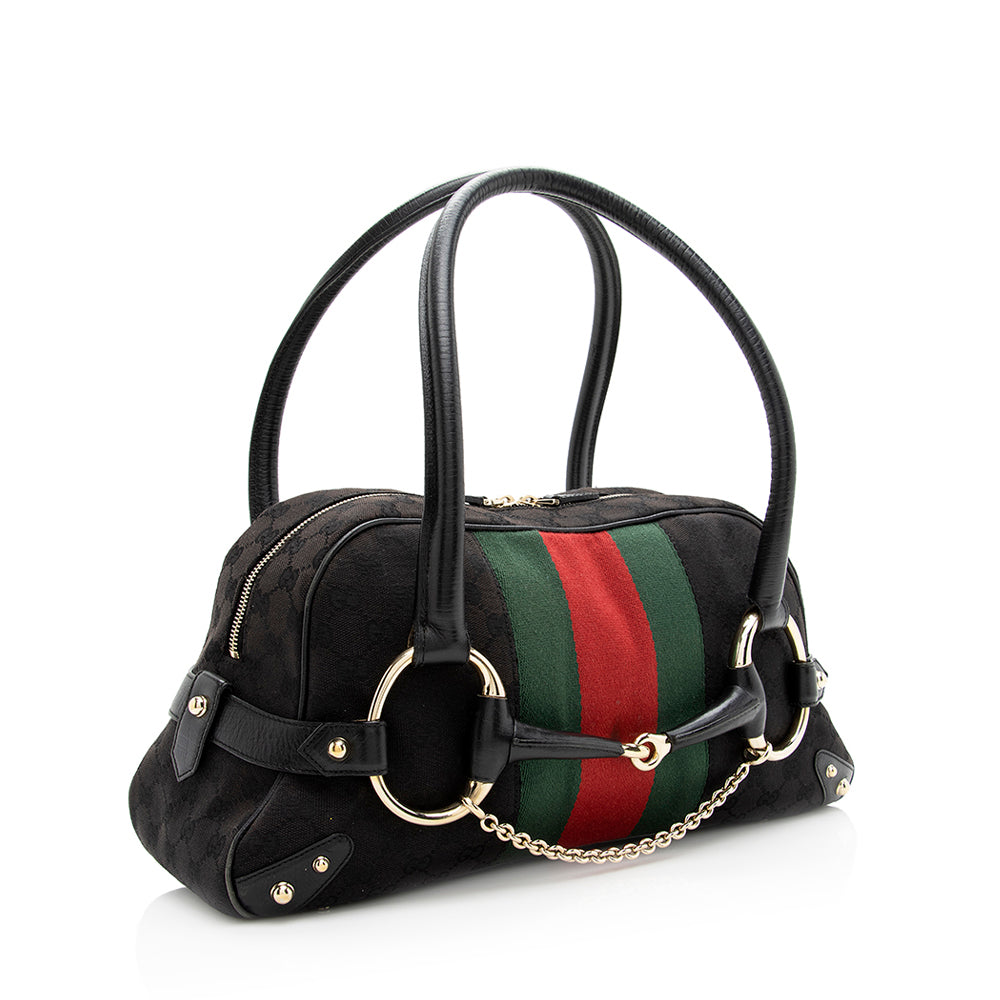 Gucci GG Web Horsebit Boston SHF Leather Canvas Nylon Black Satchel Bag
