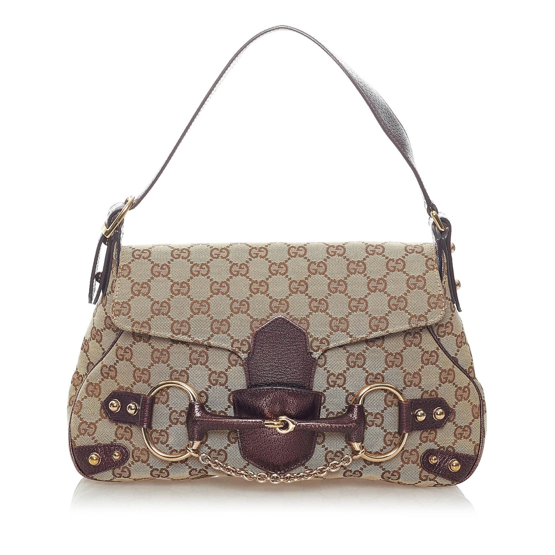 Gucci GG Horsebit SHG Canvas Calf Brown Satchel Bag
