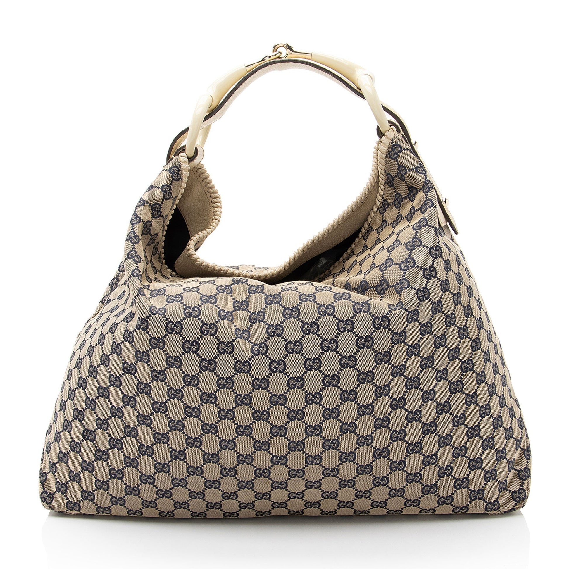 Gucci GG Horsebit Leather Canvas Beige Blue Shoulder Bag