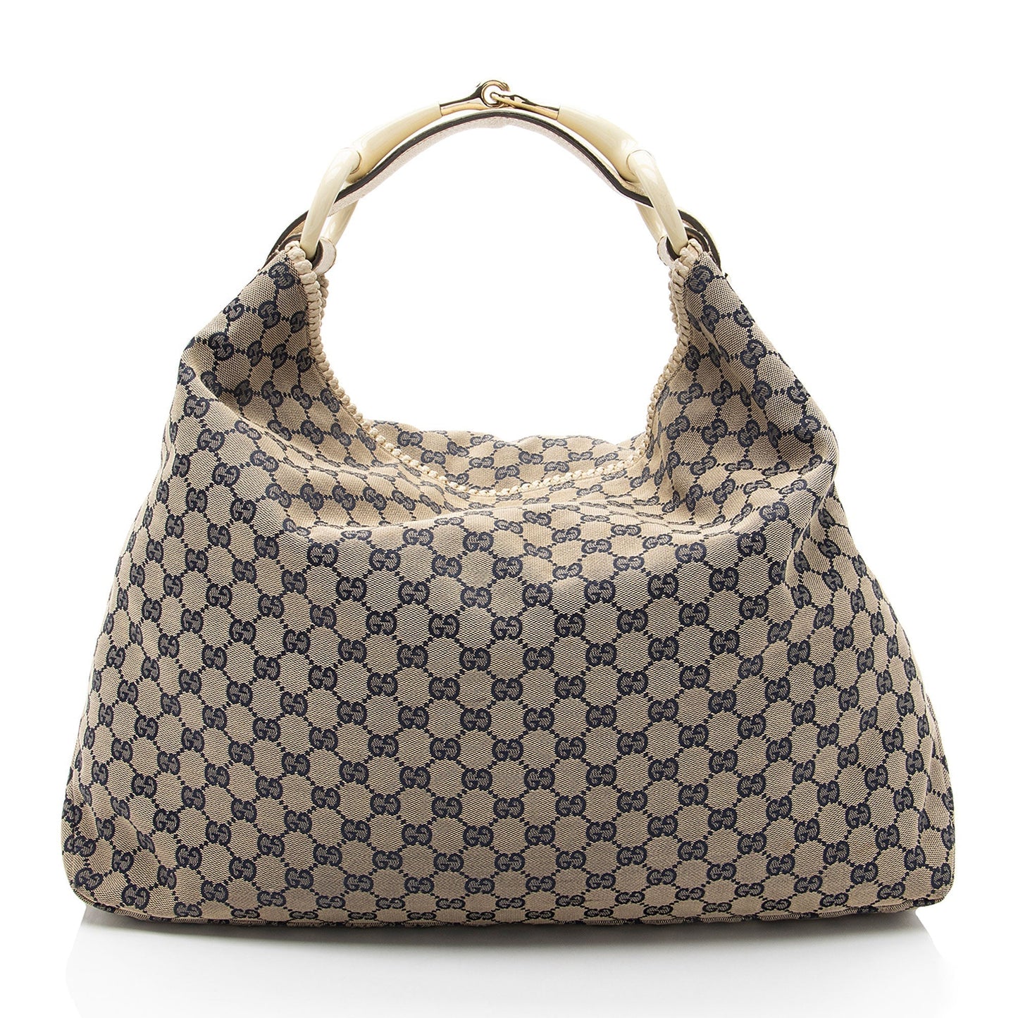 Gucci GG Horsebit Leather Canvas Beige Blue Shoulder Bag