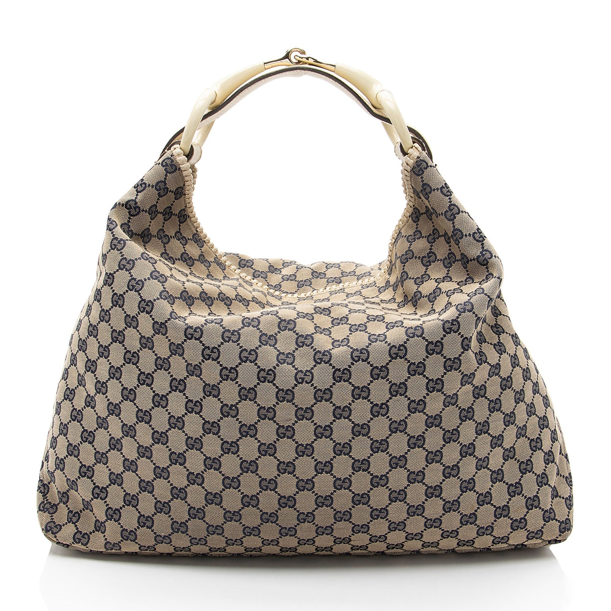 Gucci GG Horsebit Leather Canvas Beige Blue Shoulder Bag