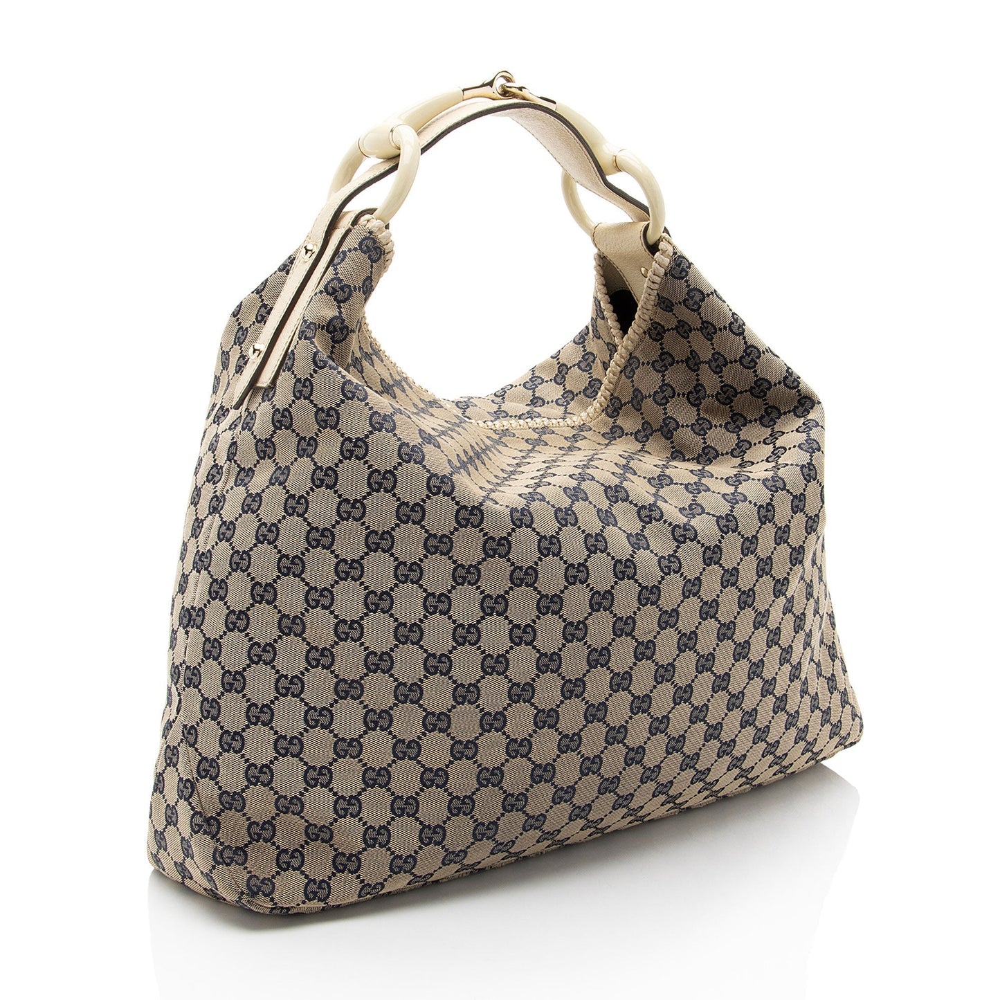 Gucci GG Horsebit Leather Canvas Beige Blue Shoulder Bag