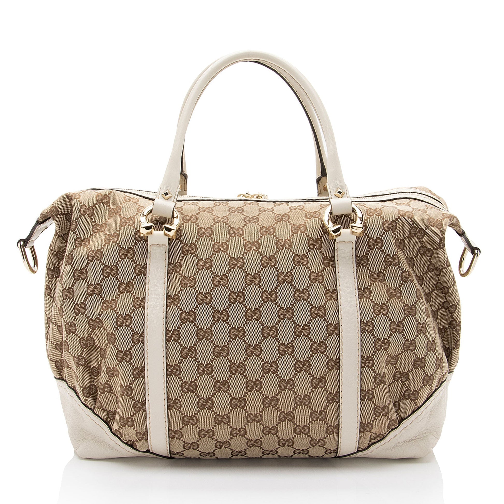 Gucci GG Horsebit Nailhead Boston Leather Canvas White Beige Satchel Bag