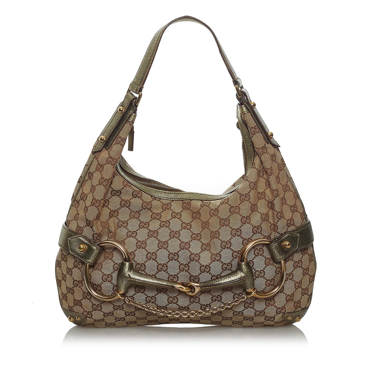 Gucci GG Horsebit SHG Canvas Calf Brown Green Shoulder Bag