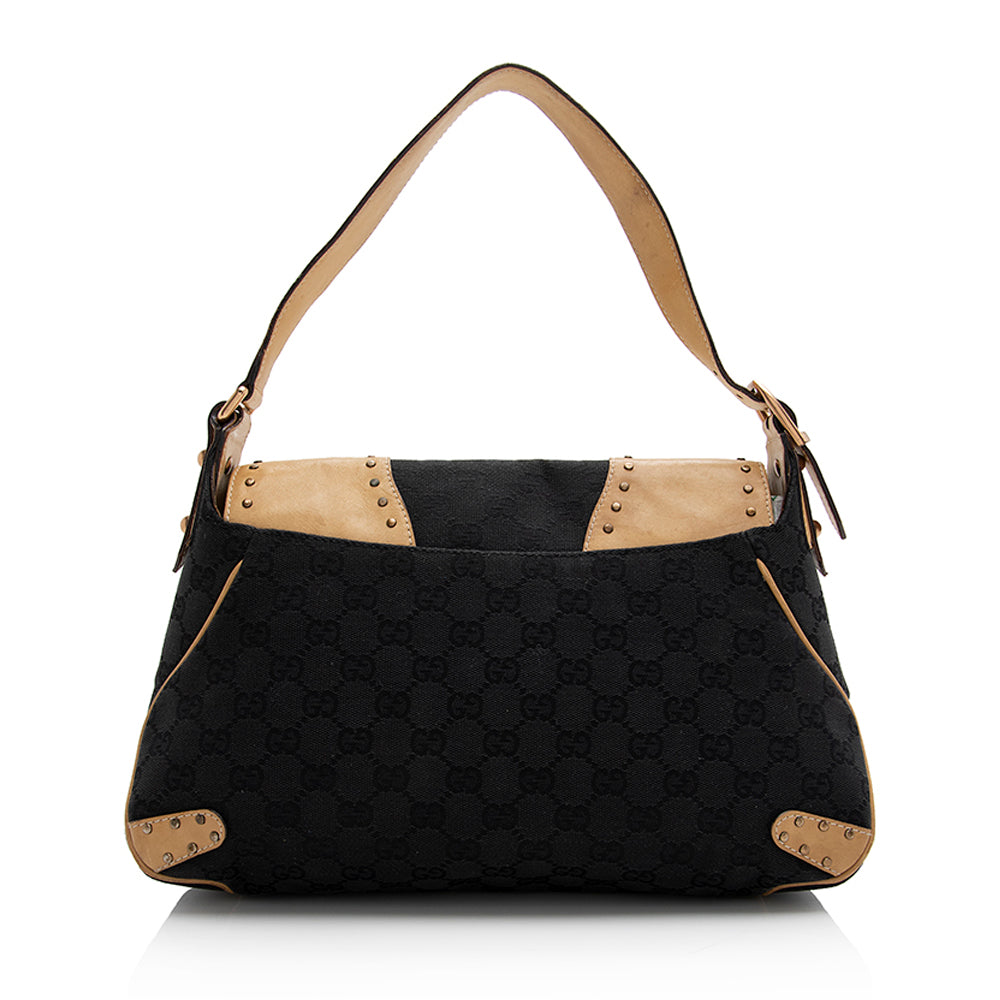 Gucci Studded Horsebit SHF Leather Canvas Black Brown Shoulder Bag