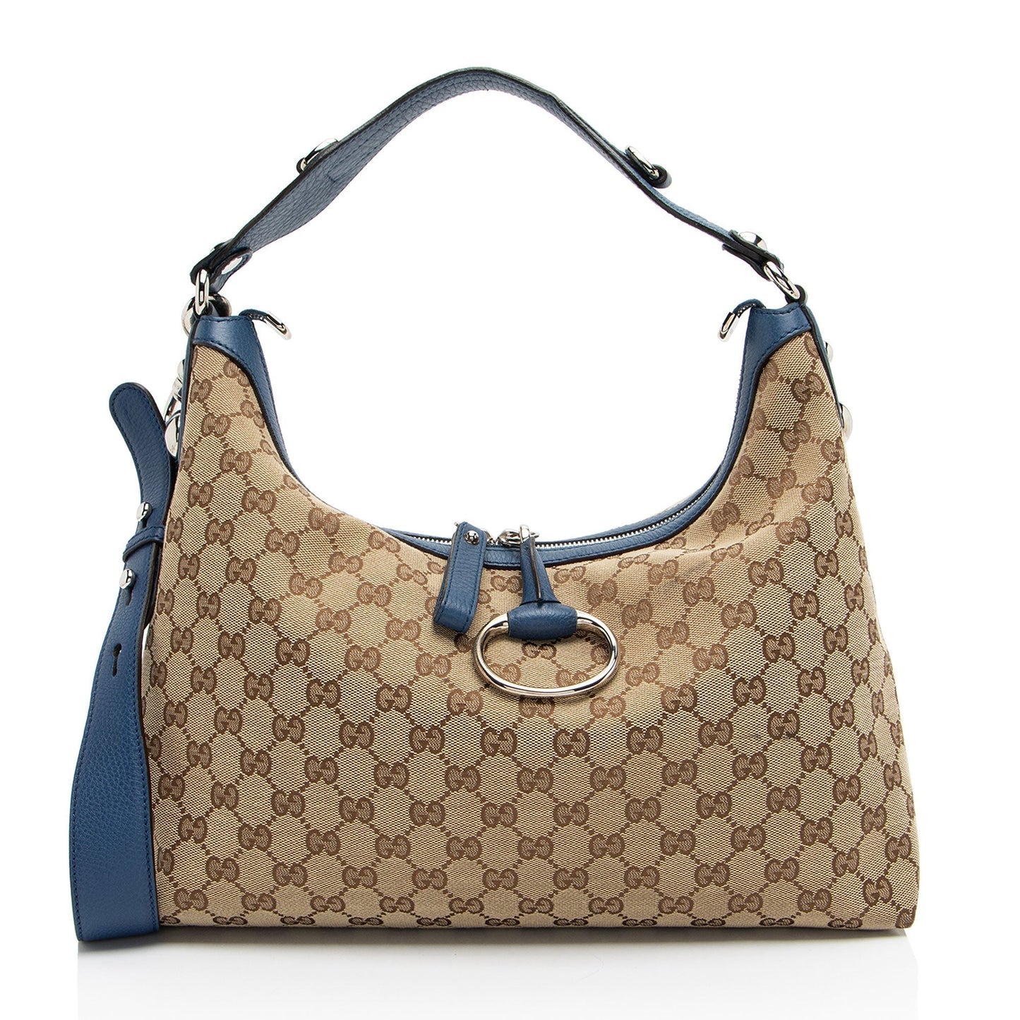 Gucci GG Icon Bit Leather Canvas Beige Blue Shoulder Bag