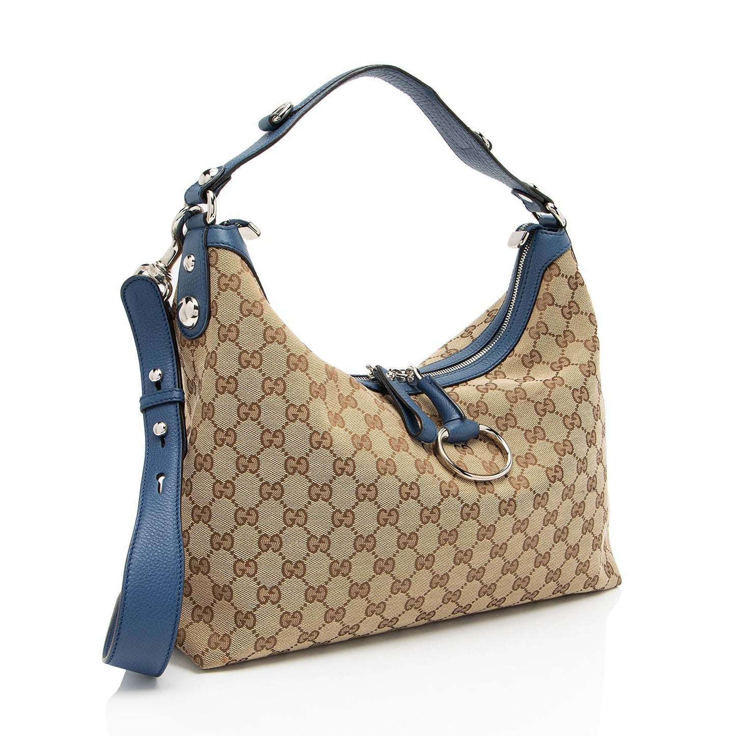 Gucci GG Icon Bit Leather Canvas Beige Blue Shoulder Bag