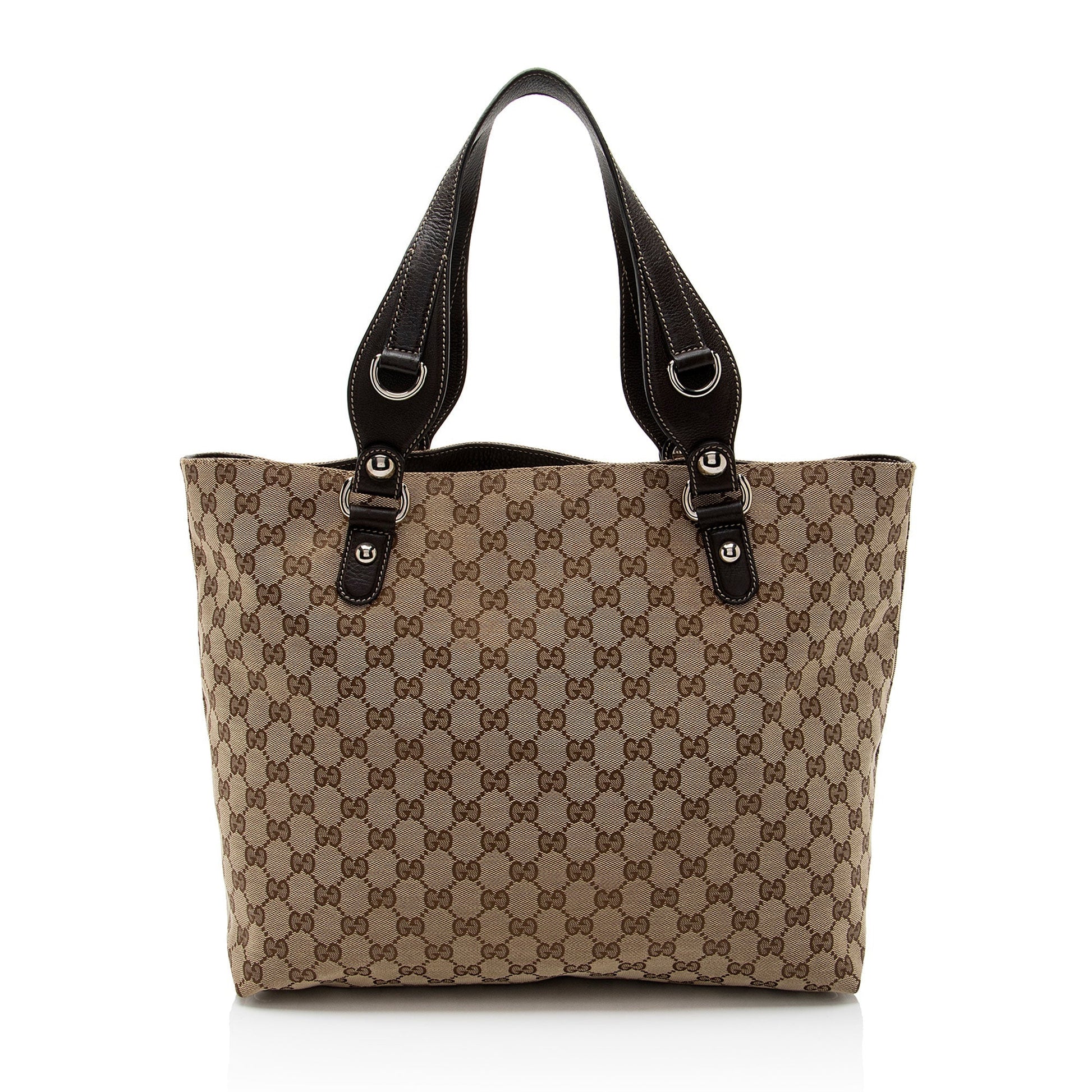 Gucci GG Icon Bit SHF-1bZhea Leather Canvas Brown Beige Tote Bag
