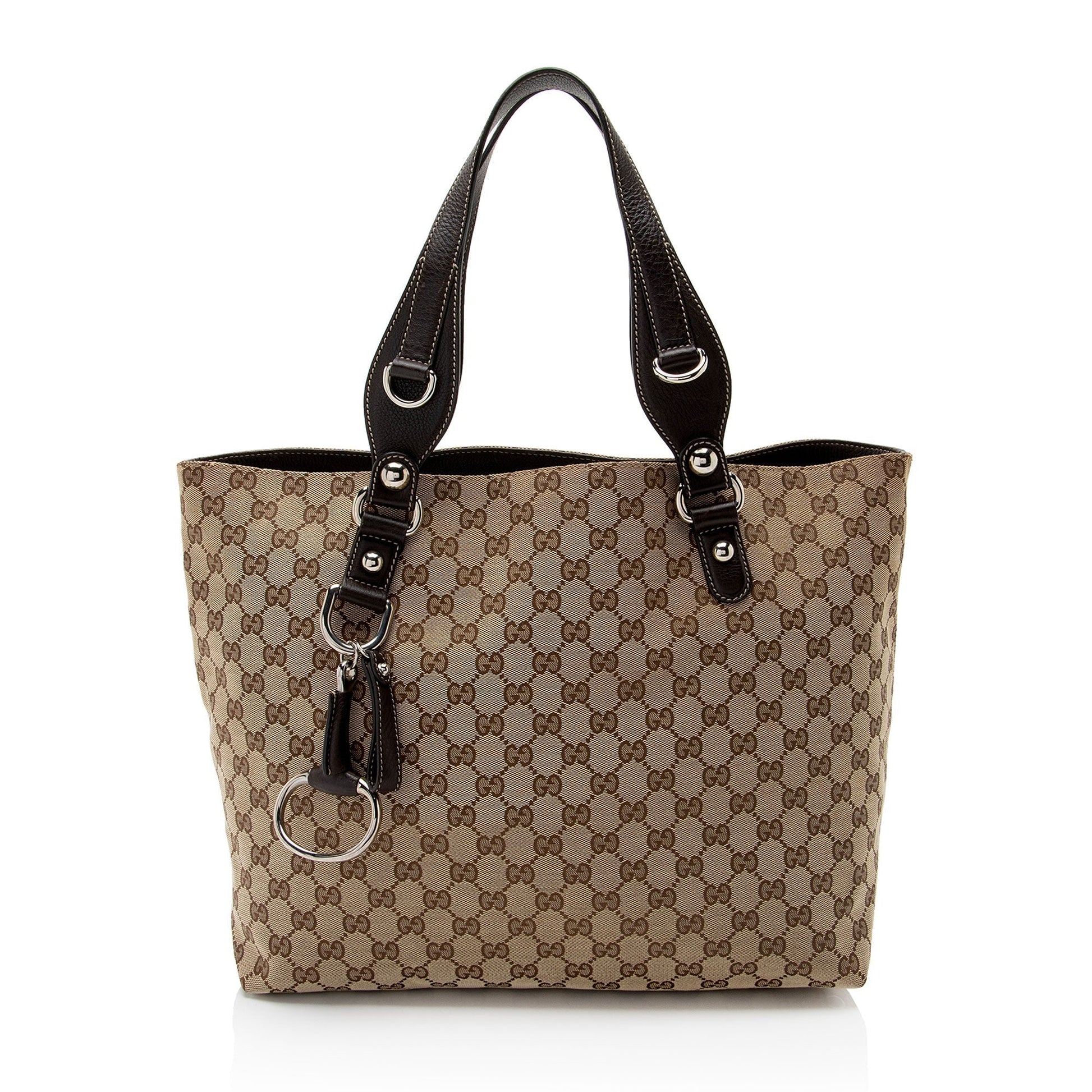 Gucci GG Icon Bit SHF-1bZhea Leather Canvas Brown Beige Tote Bag