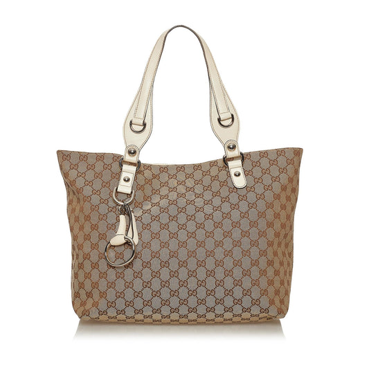 Gucci GG Icon Bit SHG Canvas White Brown Tote Bag