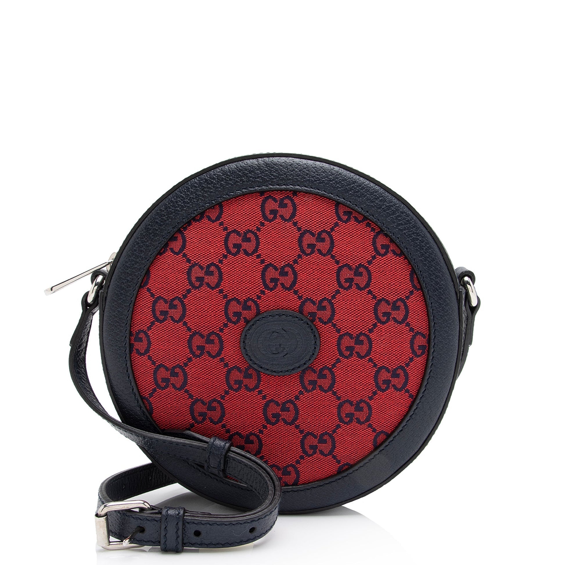 Gucci GG Interlocking G Patch Round Leather Canvas Blue Red Crossbody Bag Bag Shf