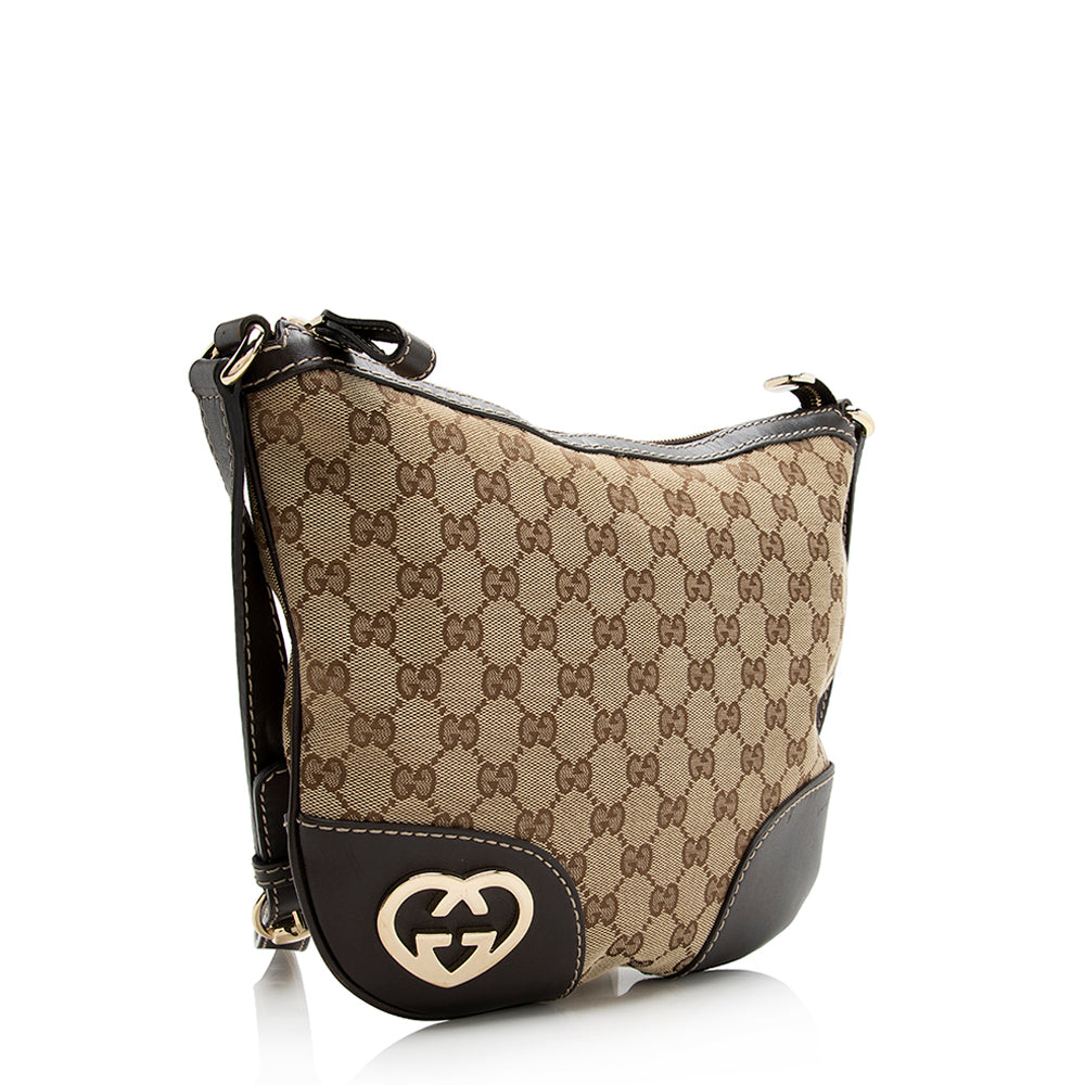 Gucci GG Interlocking Heart SHF Leather Canvas Brown Beige Crossbody Bag