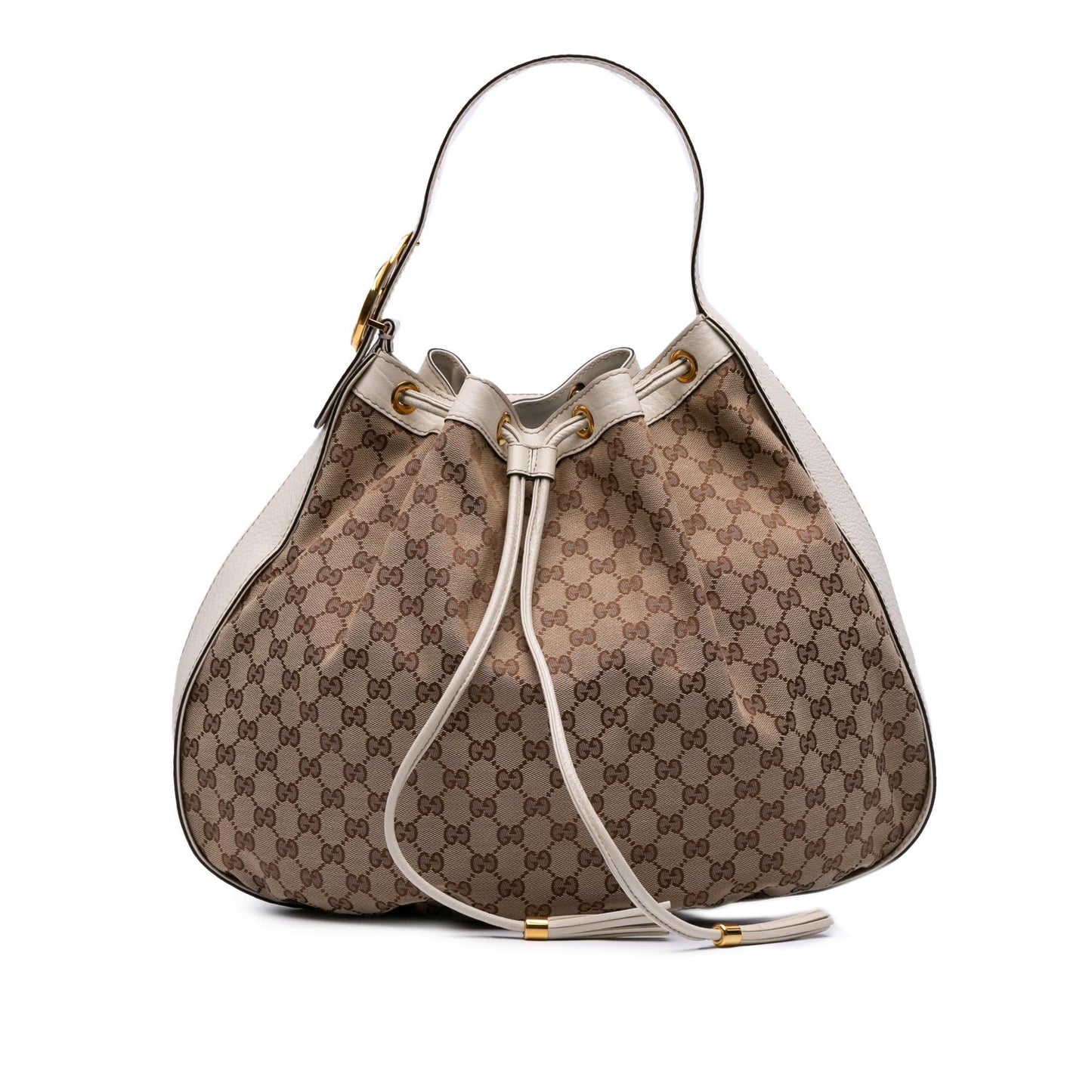 Gucci GG Interlocking Icon Drawstring Canvas Calf White Brown Jewelry