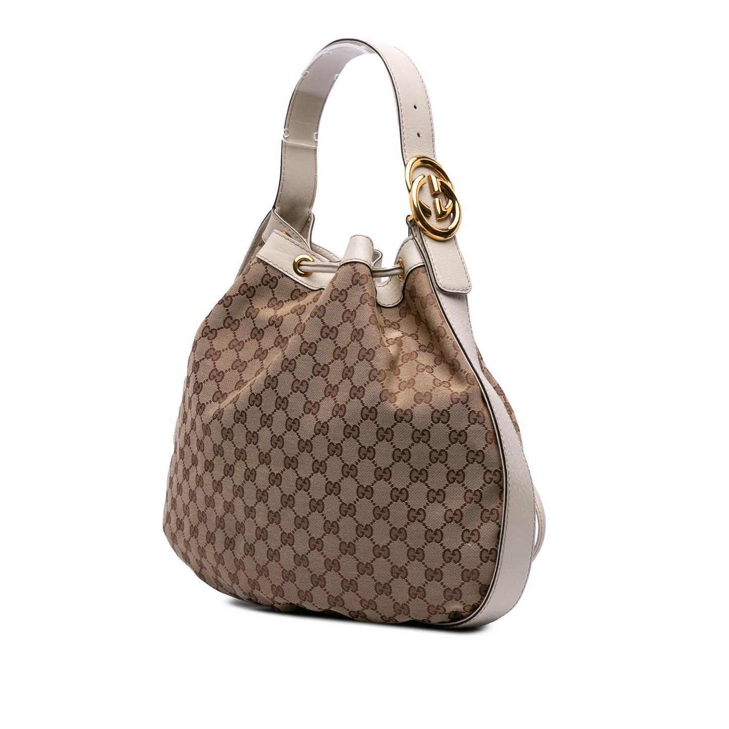 Gucci GG Interlocking Icon Drawstring Canvas Calf White Brown Jewelry
