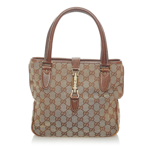 Gucci GG Jackie Piston Lock SHG Canvas Calf Brown Tote Bag