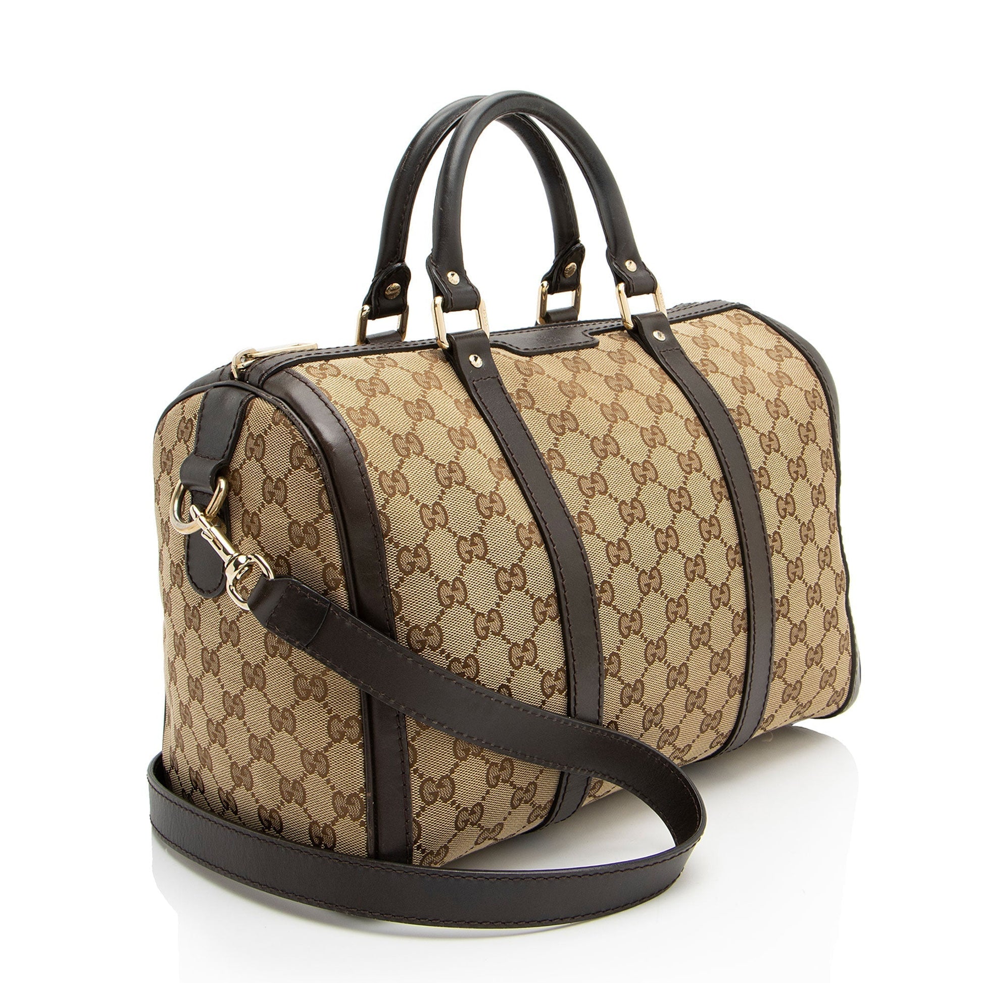 Gucci GG Joy Boston SHF-gIsKE9 Leather Canvas Brown Beige Satchel Bag