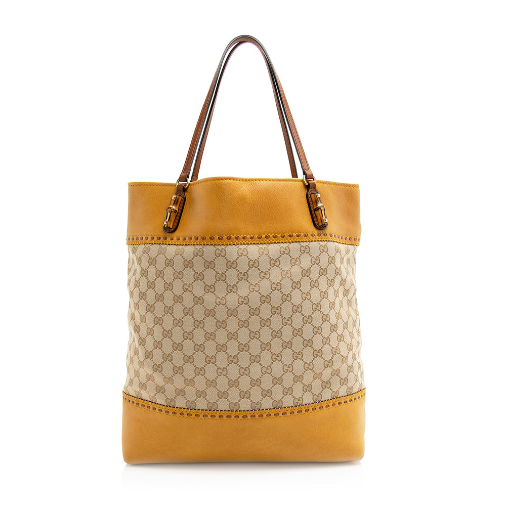 Gucci GG Laidback Crafty SHF Leather Canvas Beige Tote Bag