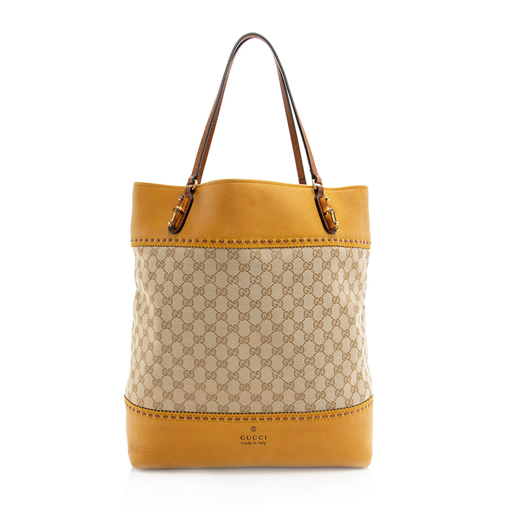 Gucci GG Laidback Crafty SHF Leather Canvas Beige Tote Bag