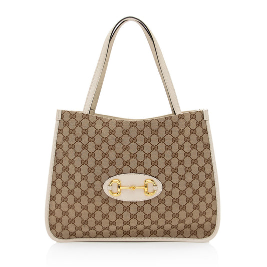Gucci GG Horsebit SHF-JmQOXy Leather Canvas White Beige Tote Bag