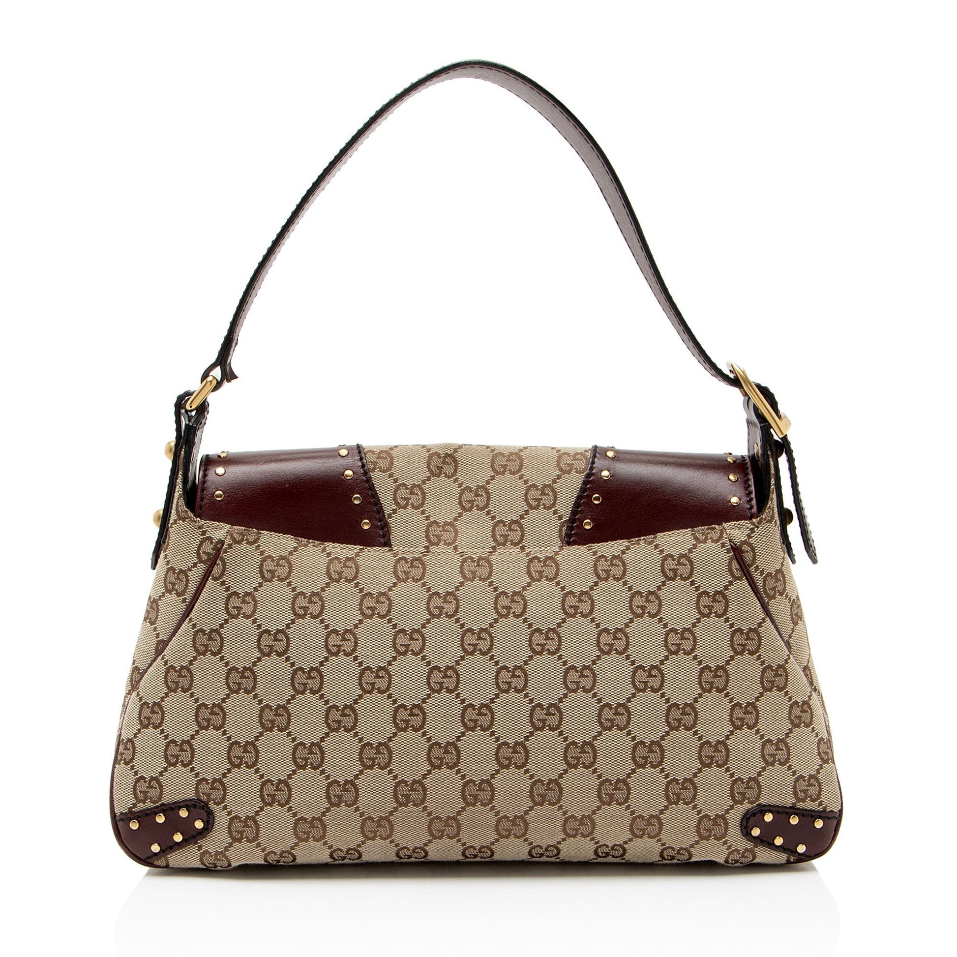Gucci GG Studded Horsebit Leather Canvas Shoulder Bag