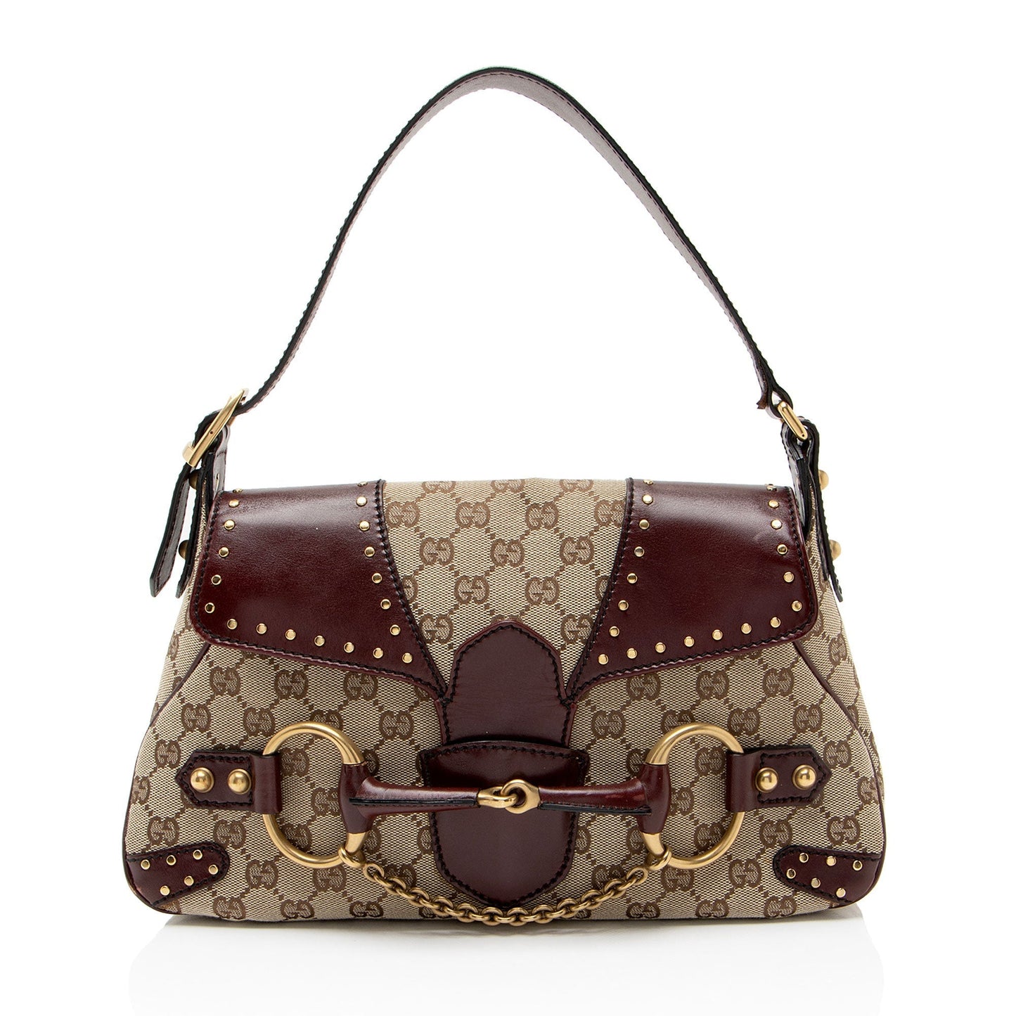 Gucci GG Studded Horsebit Leather Canvas Shoulder Bag