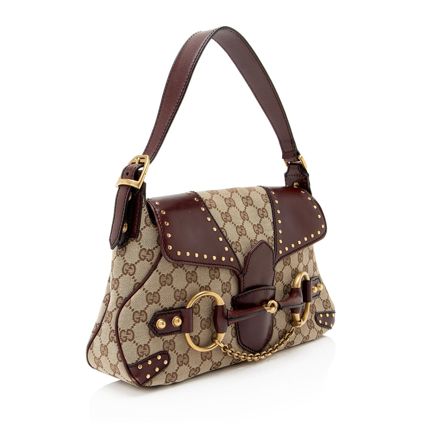 Gucci GG Studded Horsebit Leather Canvas Shoulder Bag
