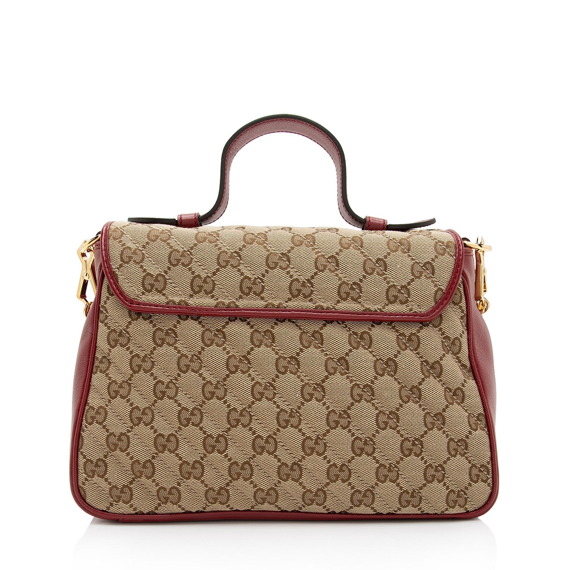 Gucci GG Marmont Top Handle SHF-WYqDum Leather Canvas Beige Red Satchel Bag