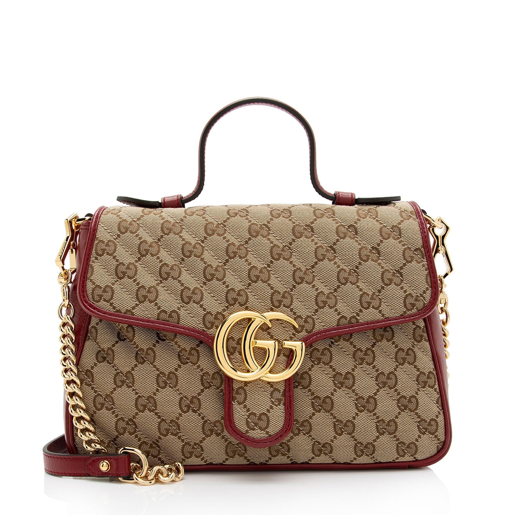 Gucci GG Marmont Top Handle SHF-WYqDum Leather Canvas Beige Red Satchel Bag