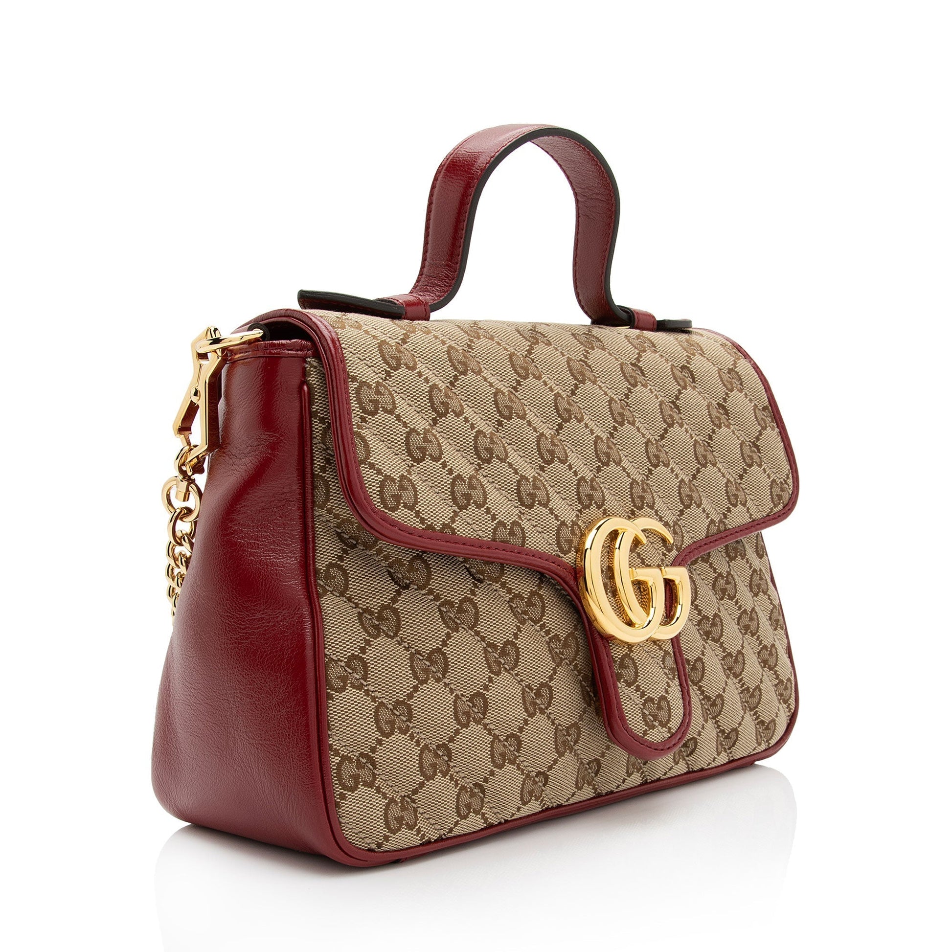 Gucci GG Marmont Top Handle SHF-WYqDum Leather Canvas Beige Red Satchel Bag
