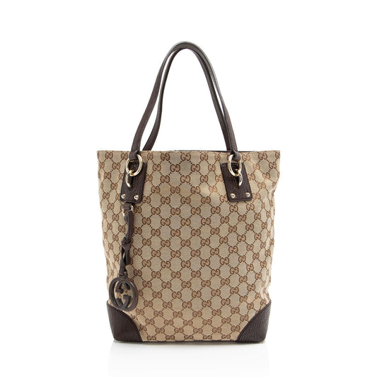 Gucci GG Charm Leather Canvas Brown Beige Tote Bag