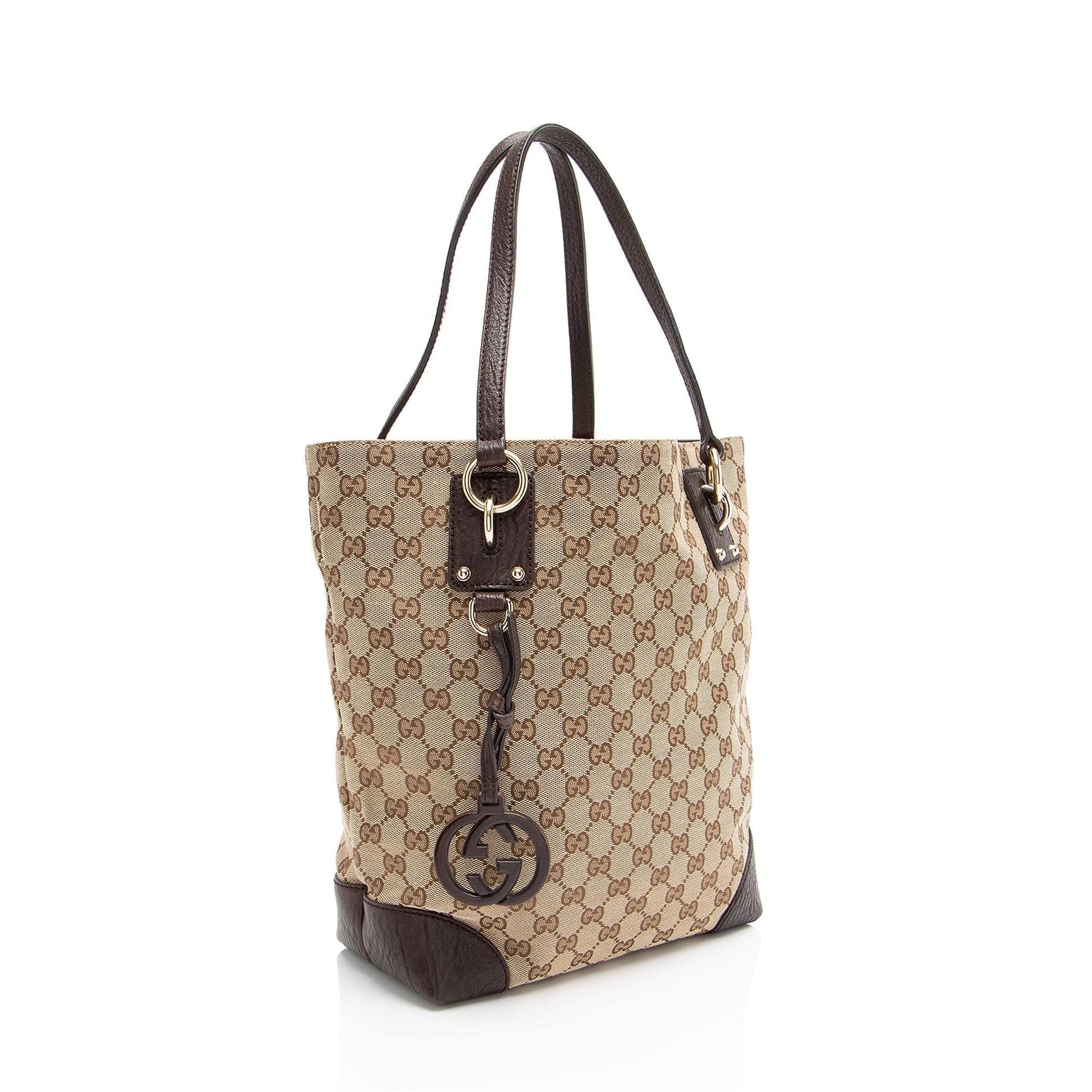 Gucci GG Charm Leather Canvas Brown Beige Tote Bag