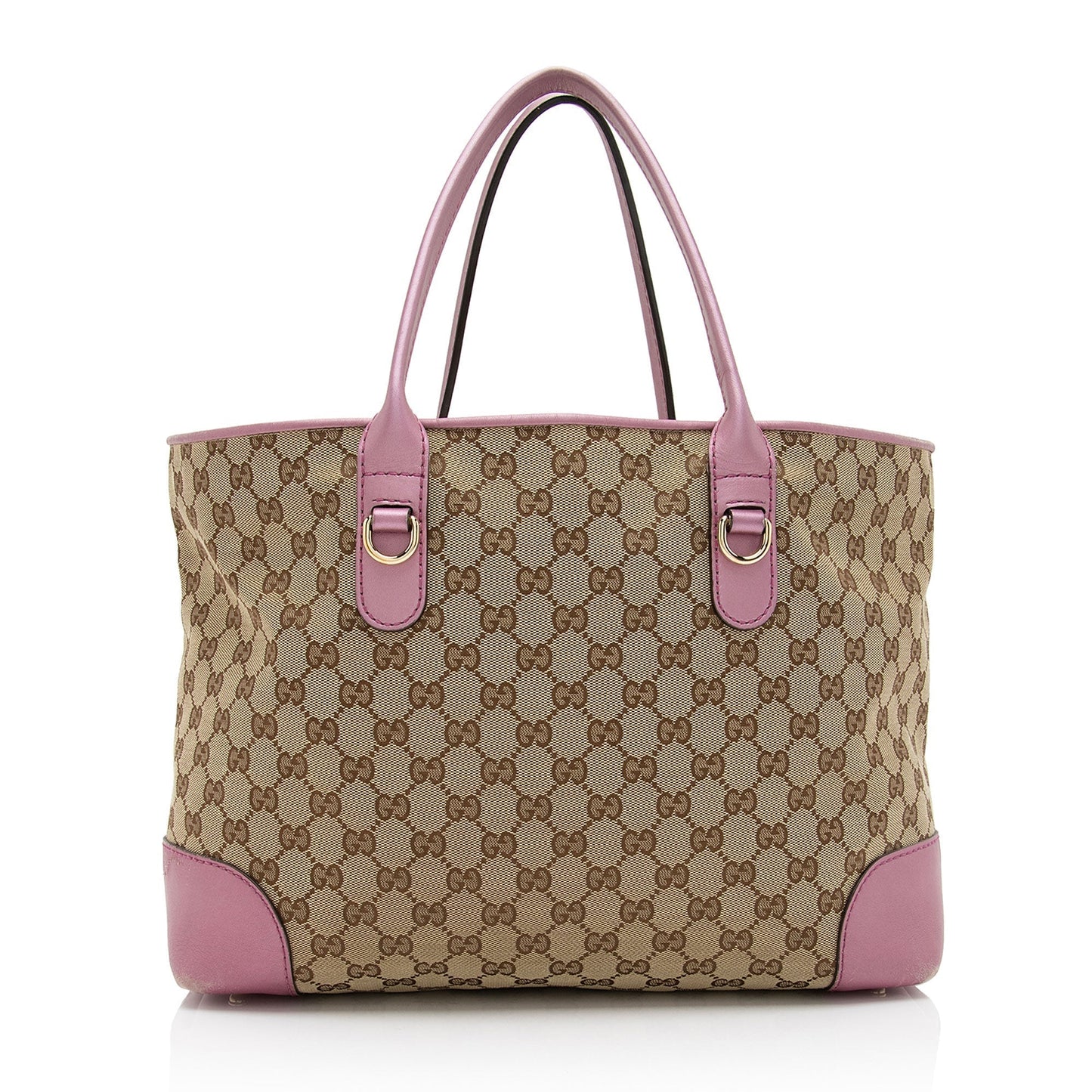 Gucci GG Metallic Heart Bit Charm Leather Canvas Beige Pink Tote Bag