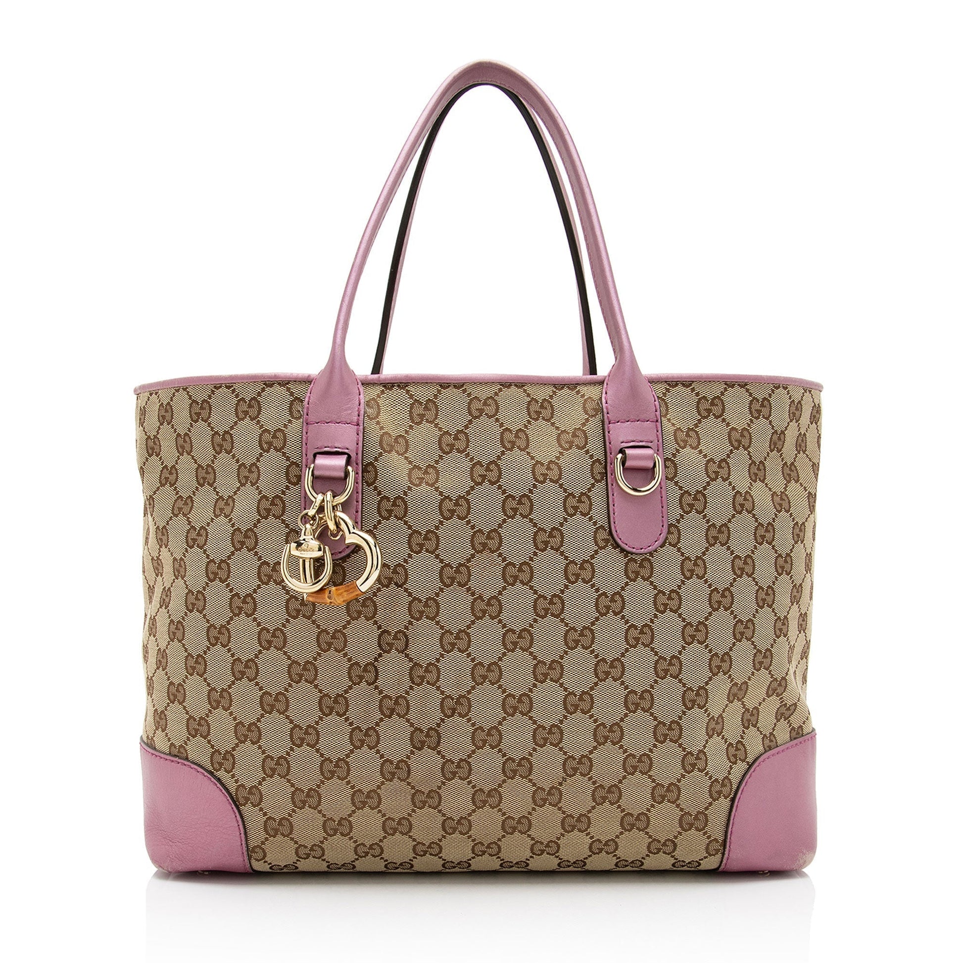 Gucci GG Metallic Heart Bit Charm Leather Canvas Beige Pink Tote Bag