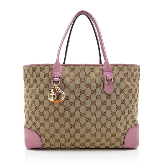 Gucci GG Metallic Heart Bit Charm Leather Canvas Beige Pink Tote Bag