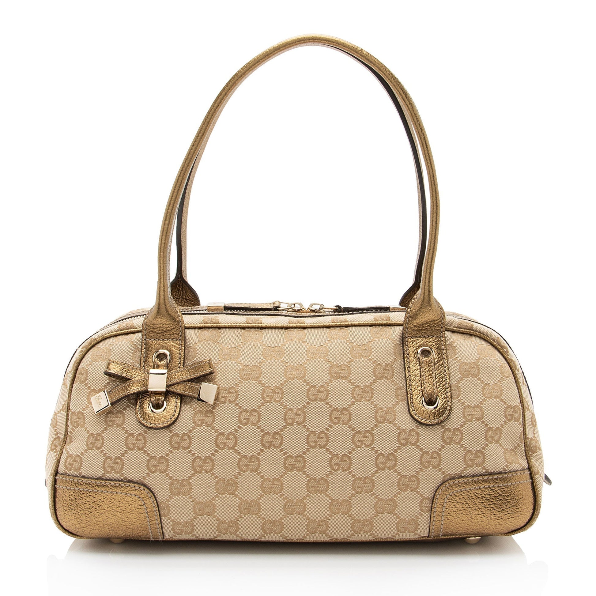 Gucci GG Metallic Princy Boston SHF-af8xb3 Leather Canvas Beige Gold Satchel Bag
