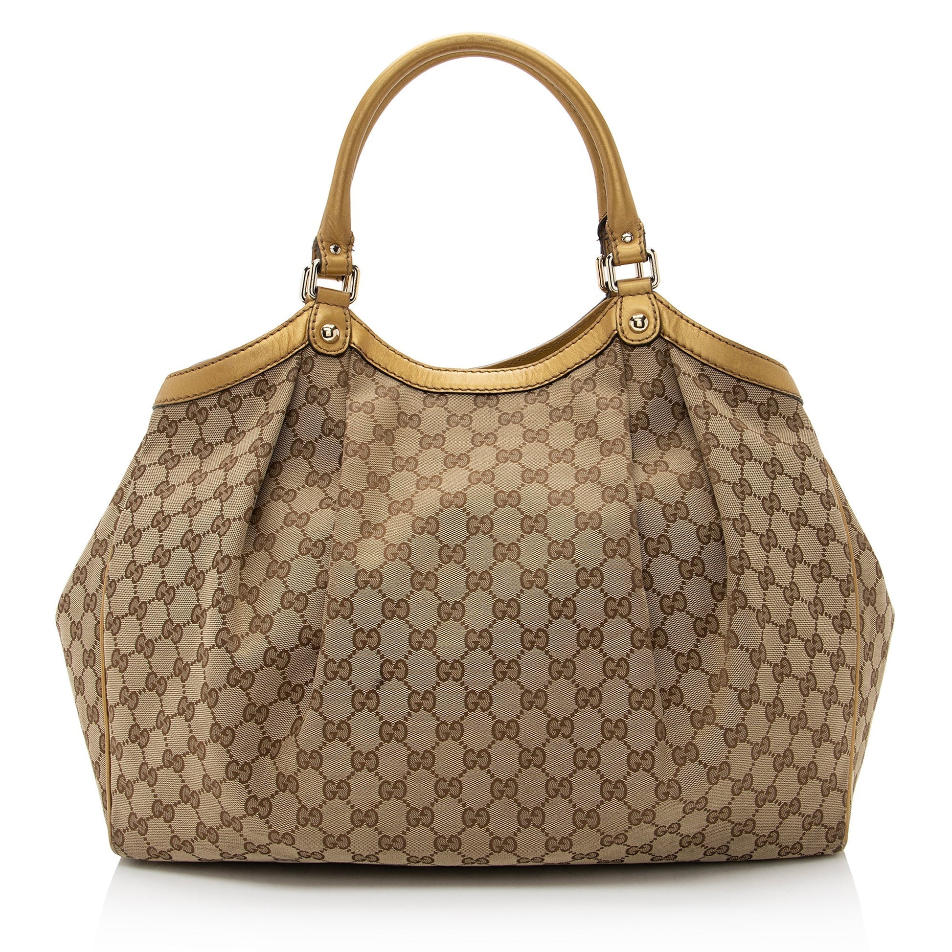 Gucci GG Metallic Sukey SHF Leather Canvas Beige Gold Tote Bag