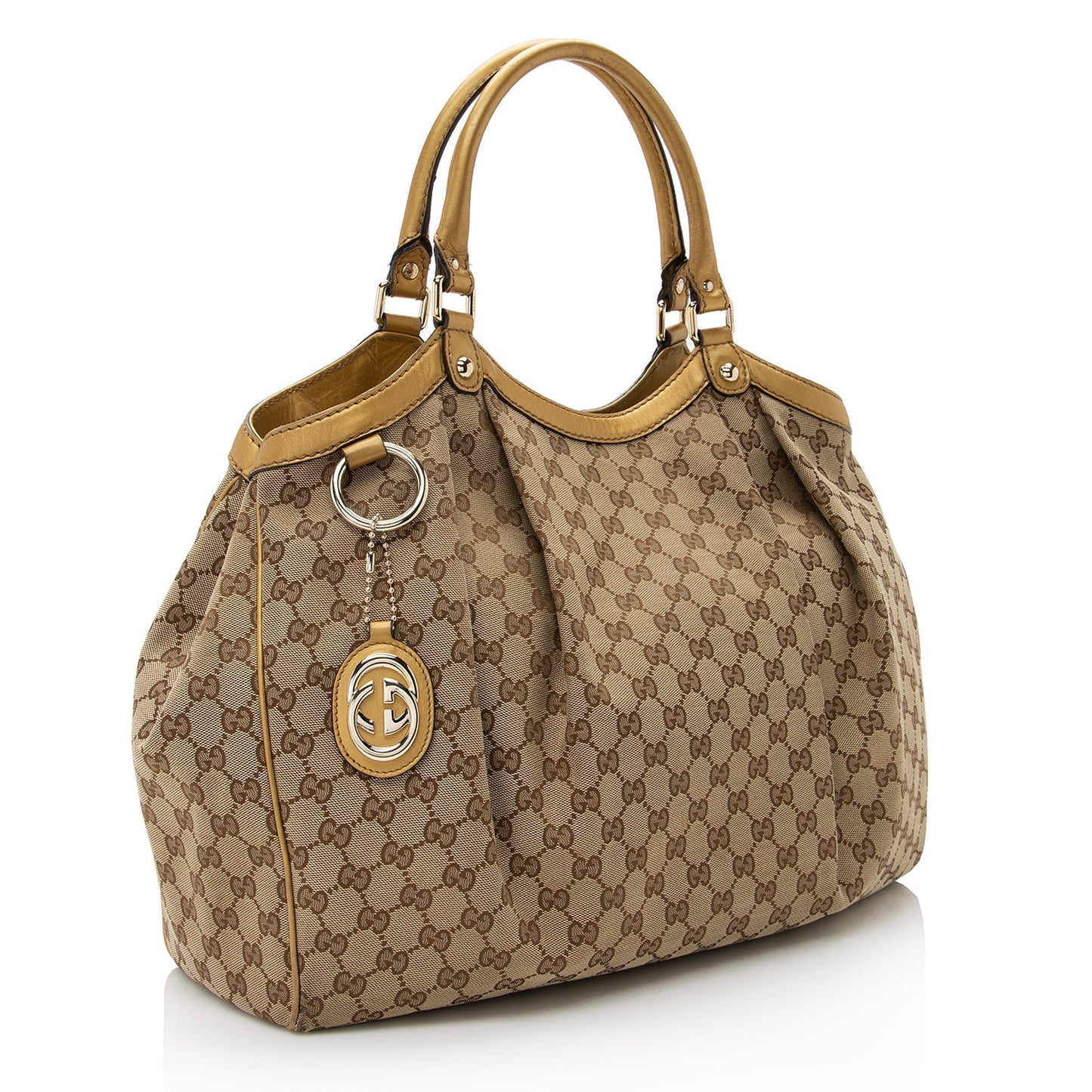 Gucci GG Metallic Sukey SHF Leather Canvas Beige Gold Tote Bag
