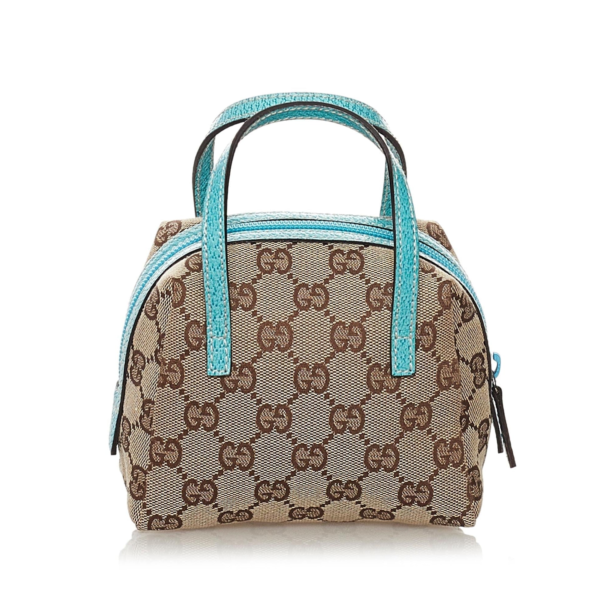 Gucci GG SHG Canvas Calf Brown Blue Satchel Bag Handbag Shg