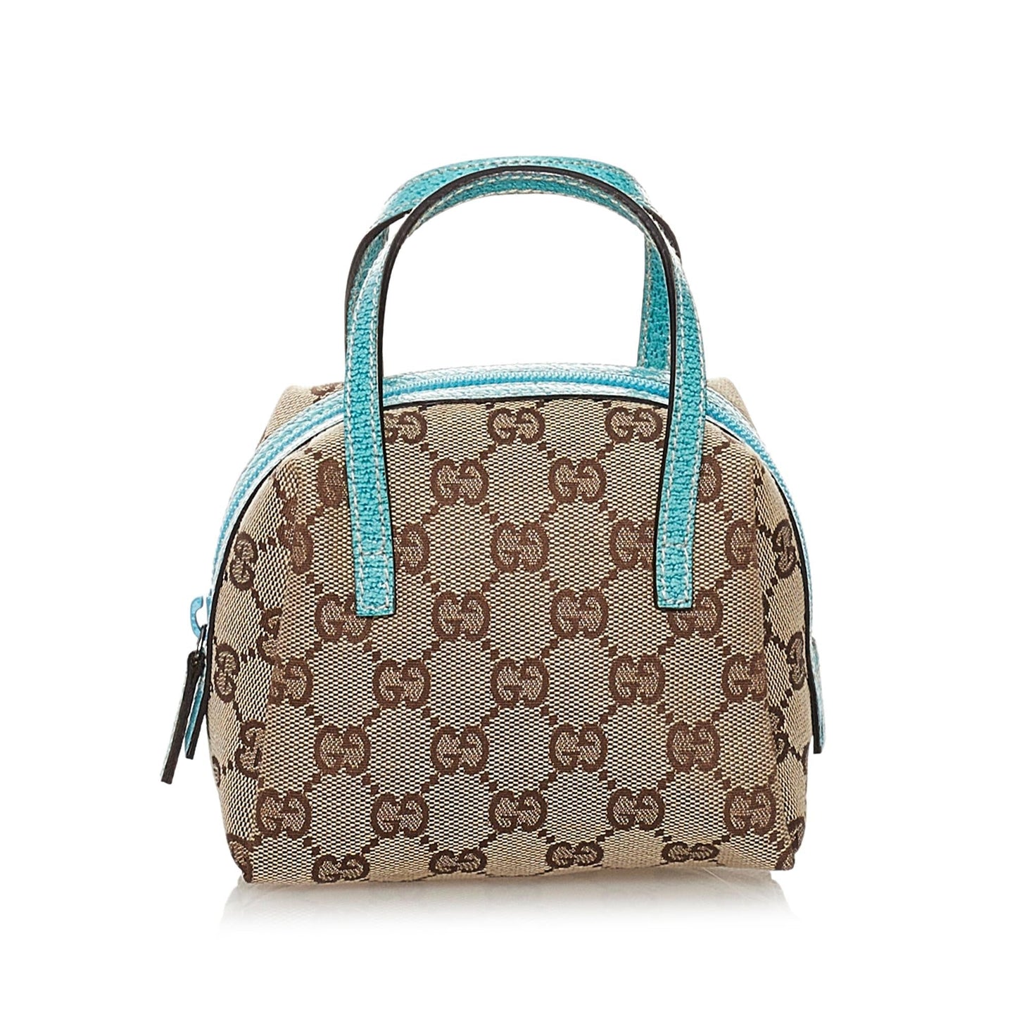 Gucci GG SHG Canvas Calf Brown Blue Satchel Bag Handbag Shg