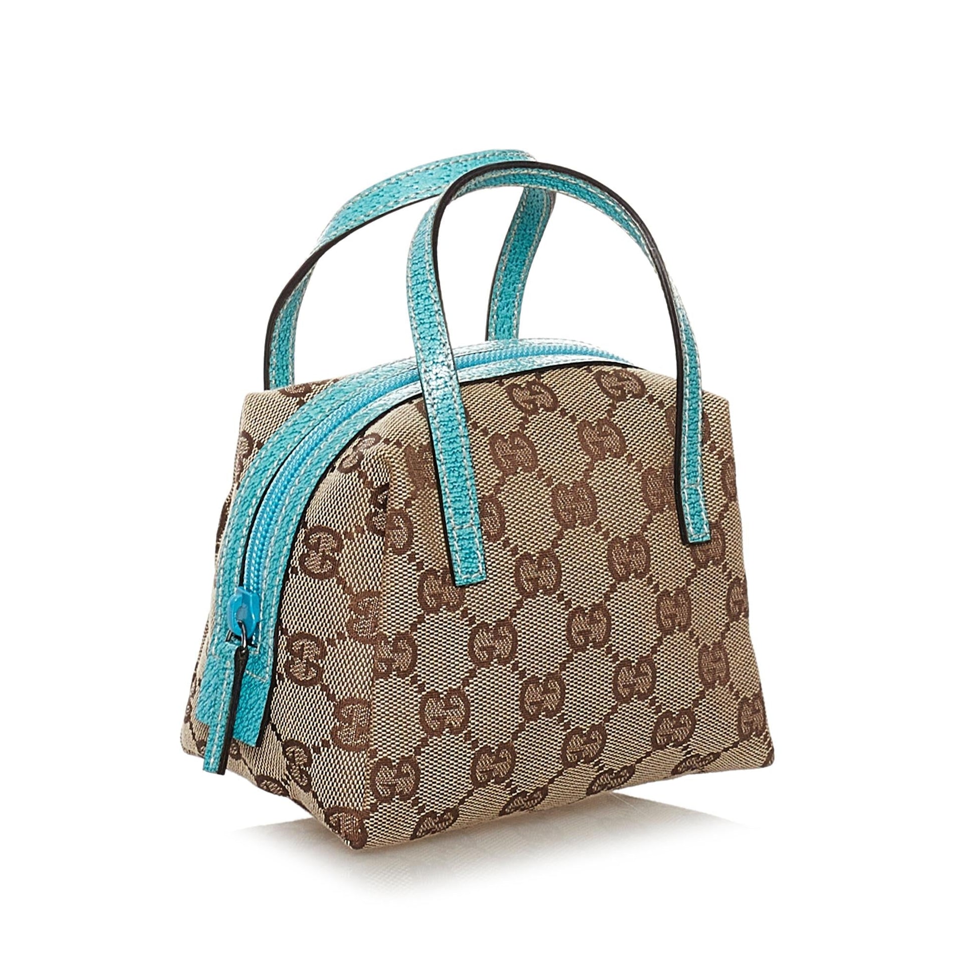 Gucci GG SHG Canvas Calf Brown Blue Satchel Bag Handbag Shg