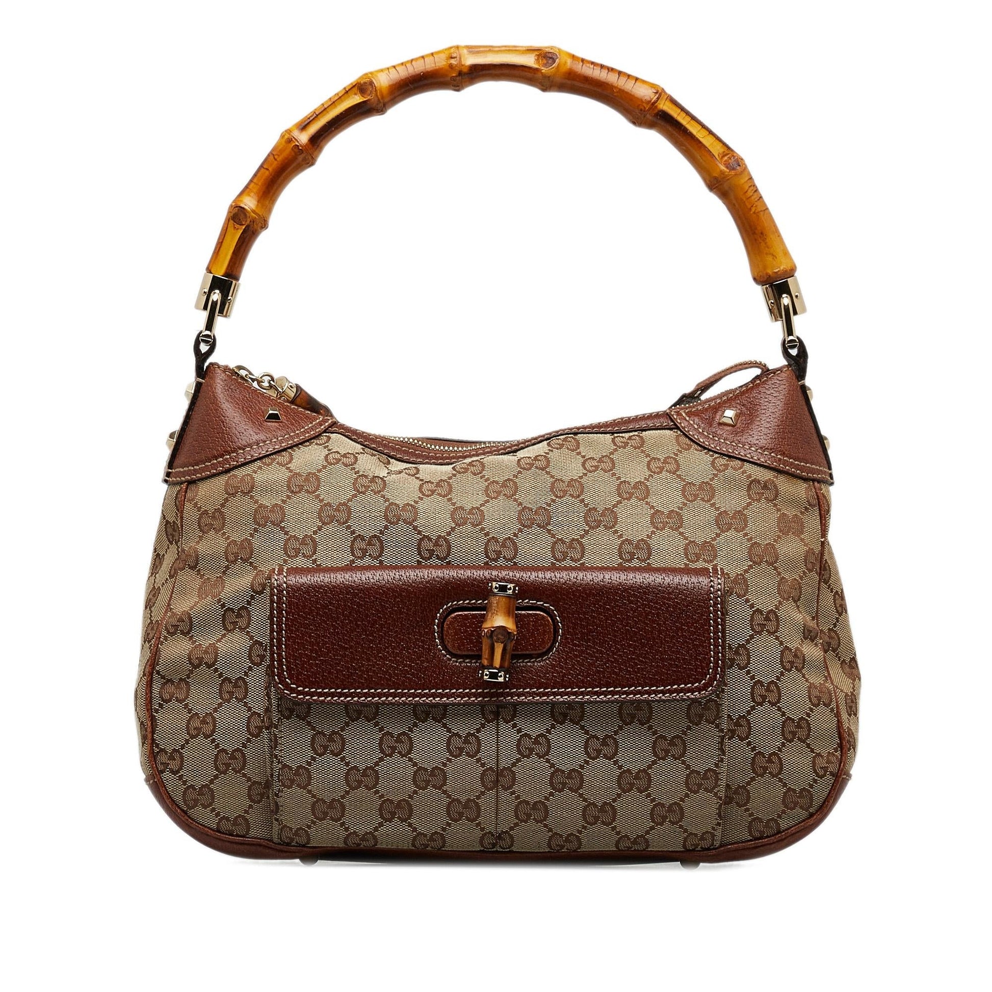 Gucci GG Nailhead Bamboo Handle SHG-kiHtJf Canvas Calf Brown Satchel Bag