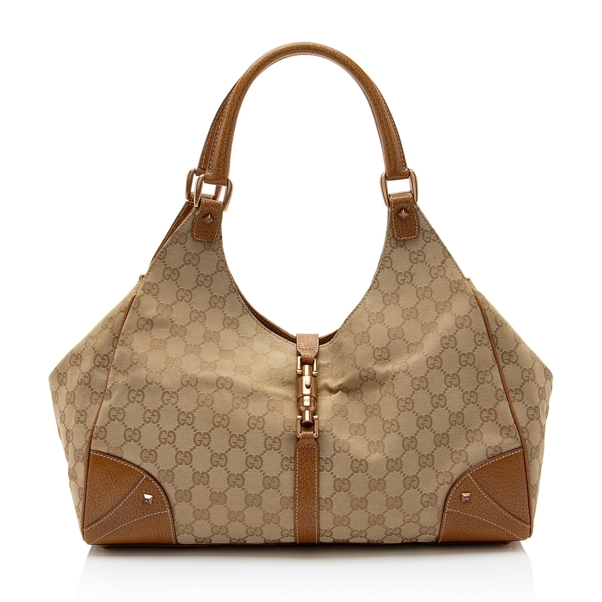 Gucci GG Nailhead Bardot SHF-FHIG8i Leather Canvas Brown Beige Shoulder Bag