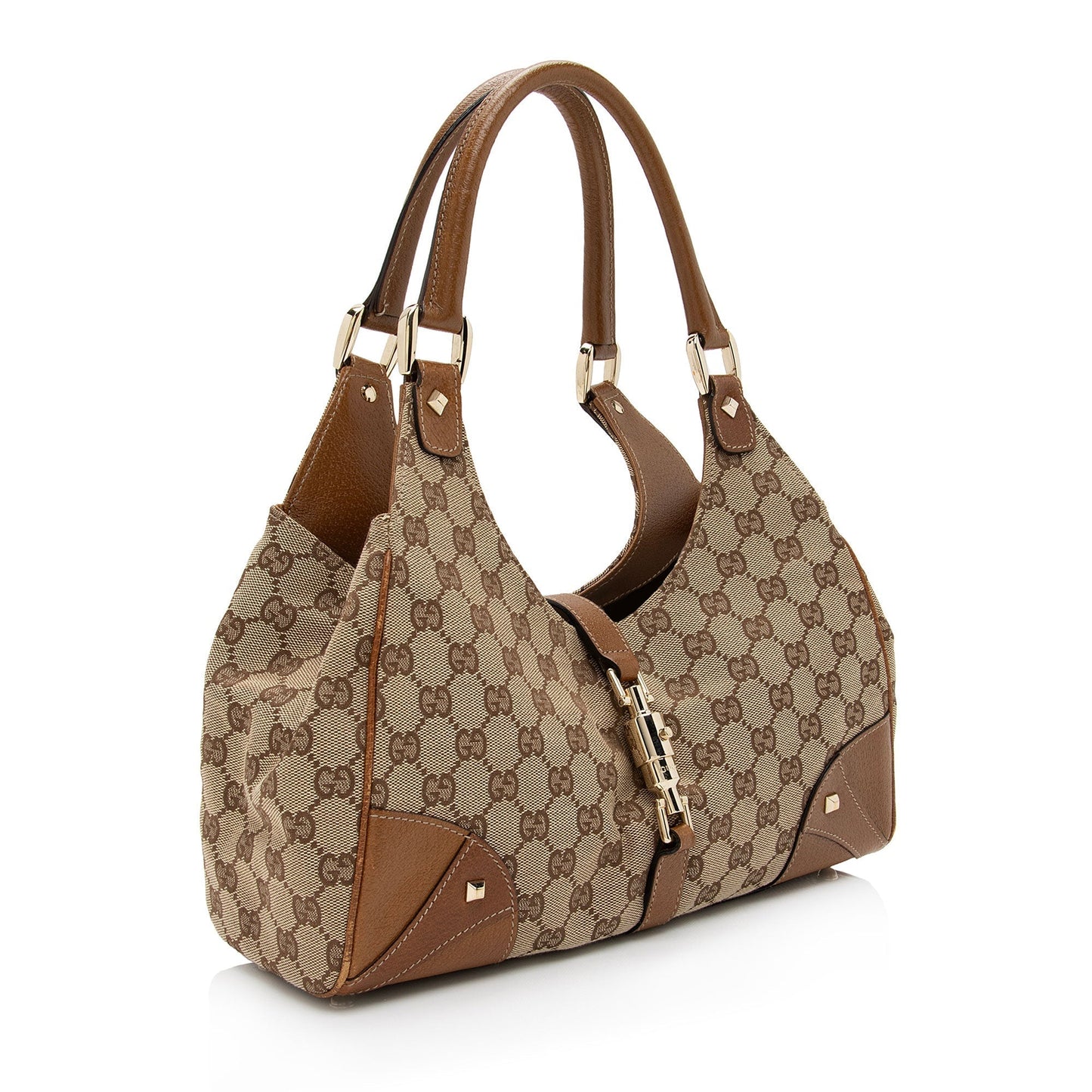 Gucci GG Nailhead Bardot SHF-cXQEhI Leather Canvas Brown Beige Shoulder Bag
