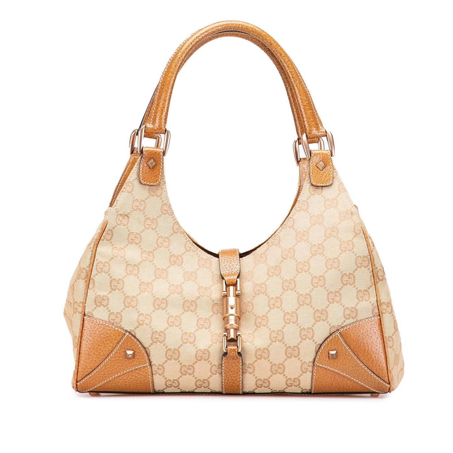 Gucci GG Nailhead Jackie Bardot Canvas Calf Brown Satchel Bag