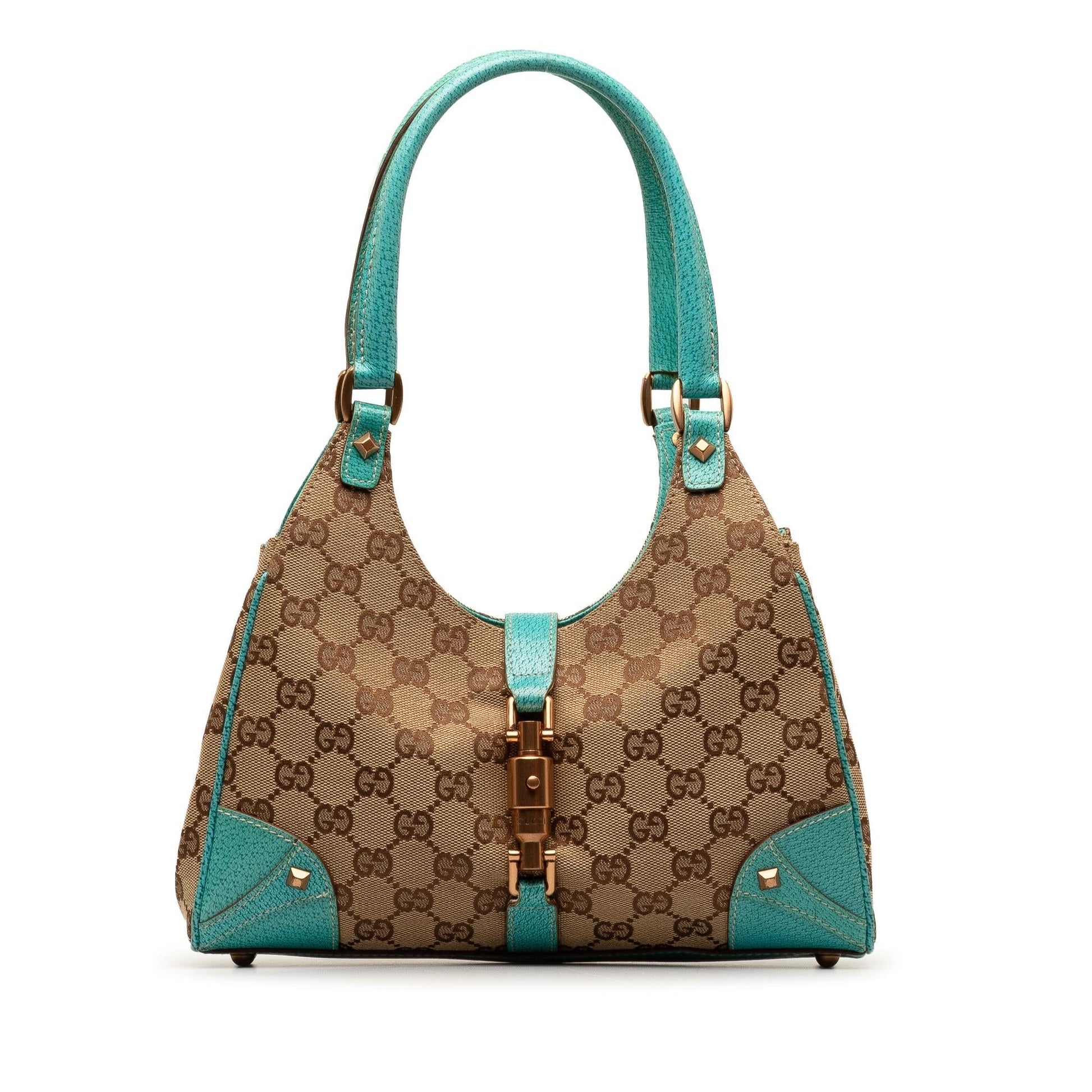 Gucci GG Nailhead Jackie Bardot SHG-eDYueX Canvas Calf Brown Blue Shoulder Bag
